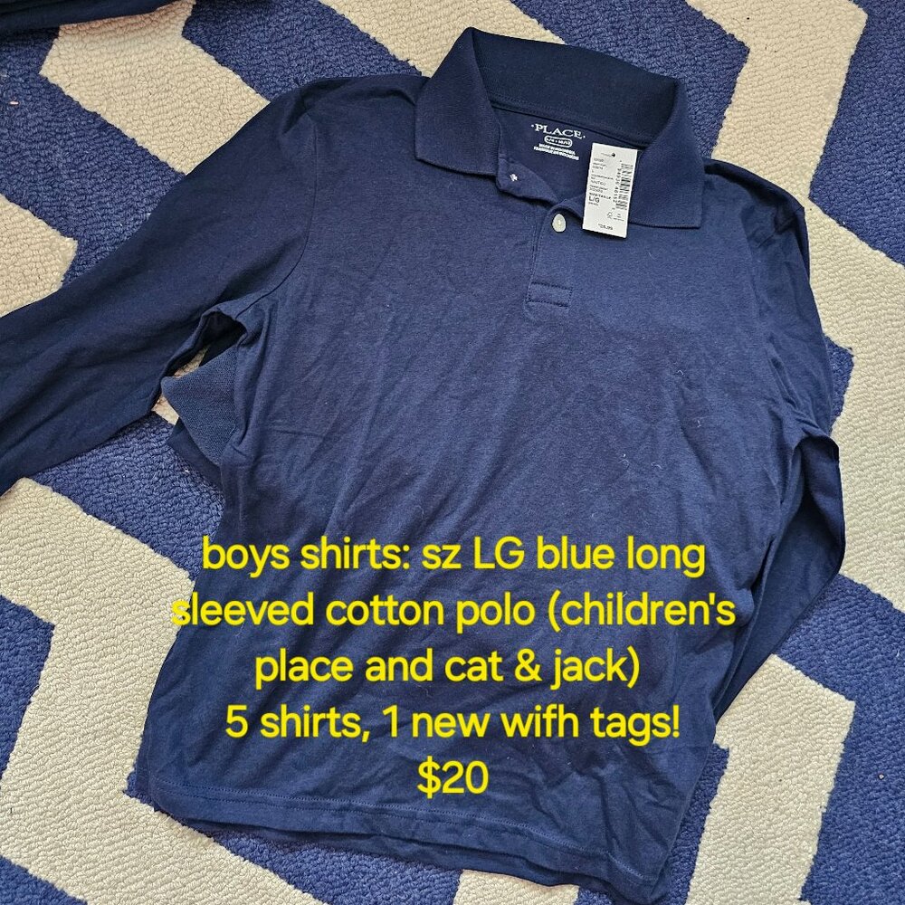 Boy Uniforms - 5 Long Sleeved Navy Blue Sz Large Polos!